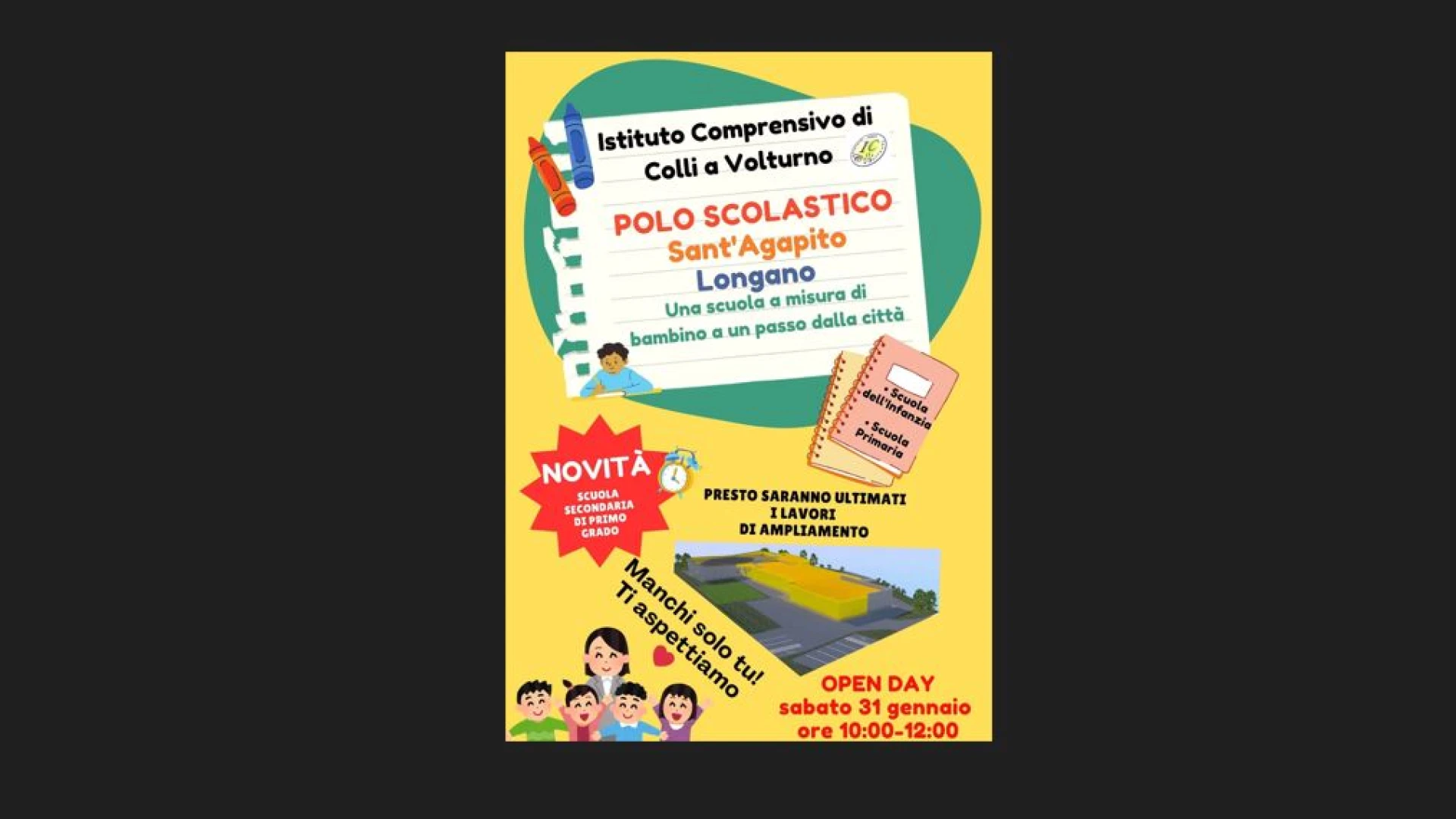 Open Day presso il Polo Scolastico di Sant’Agapito-Longano. Appuntamento per conoscere la struttura fissato per sabato 31 gennaio dalle ore 10 alle ore 12.